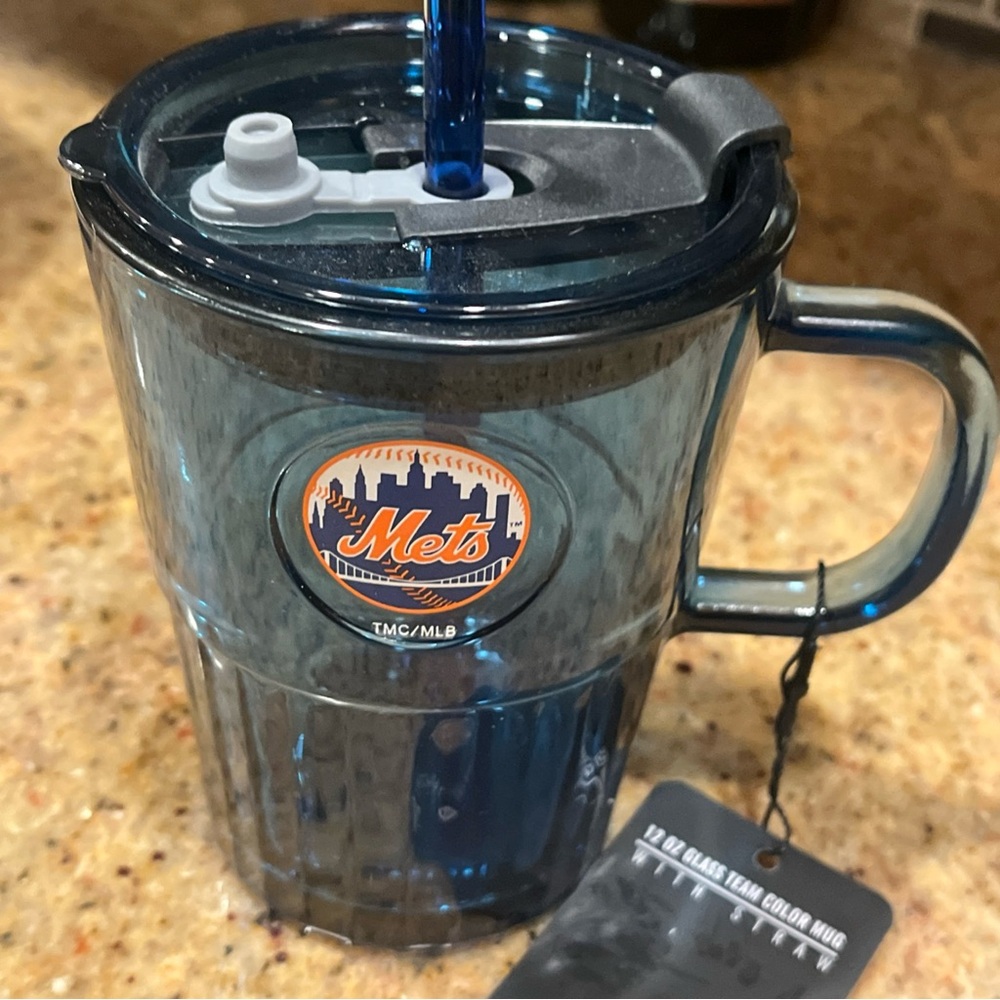 New York Mets 12 oz Blue Glass covered Tumbler with straw